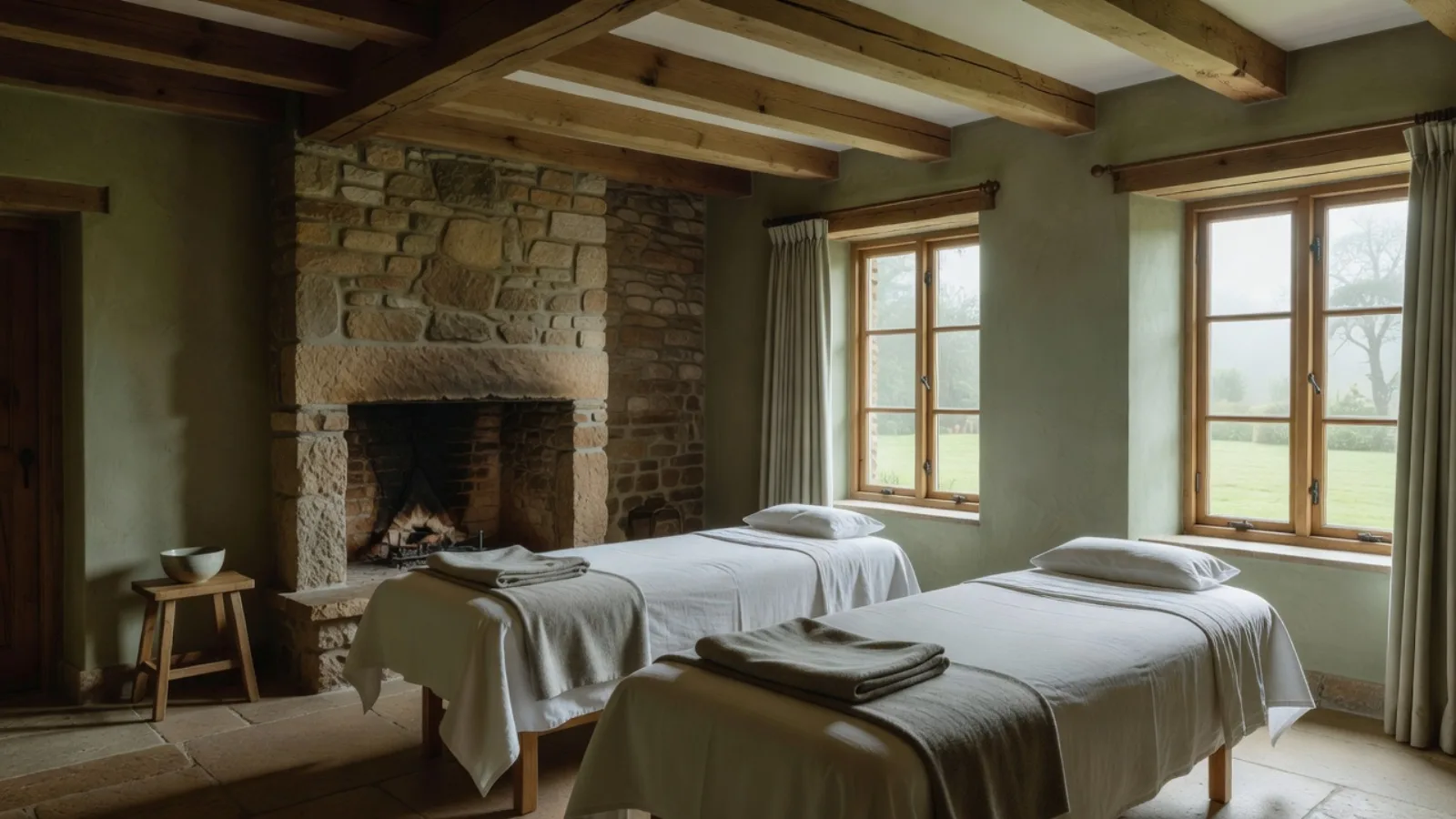 Sala de tratamiento con dos camillas, chimenea de piedra y ventanas hacia el campo con niebla