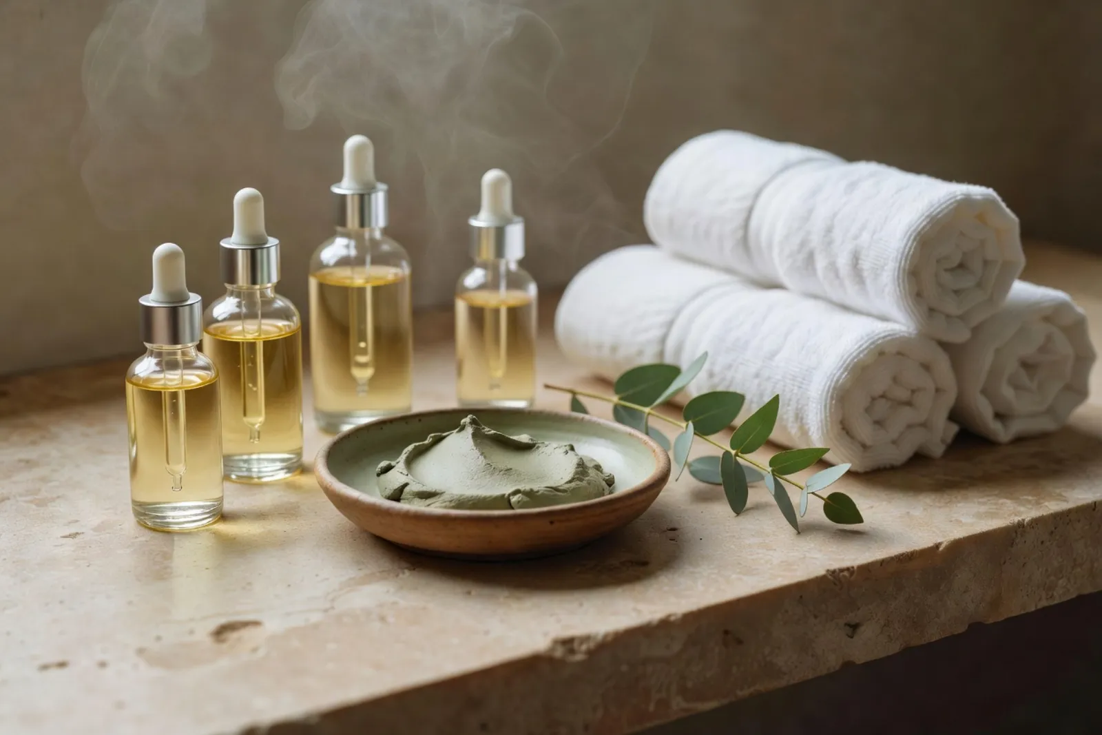 Productos de tratamiento facial sobre una repisa de piedra