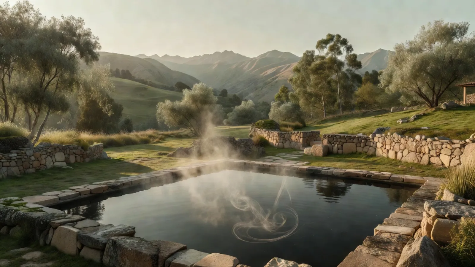 Piscina termal al amanecer entre eucaliptos y niebla