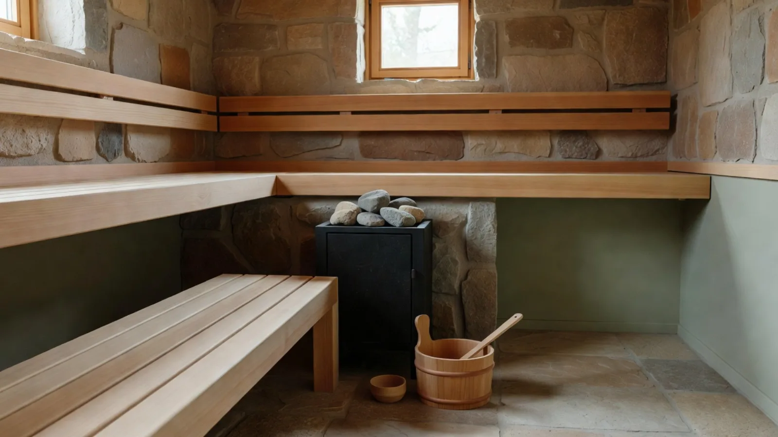 Sauna seca de cedro con estufa de piedras y cubo de madera