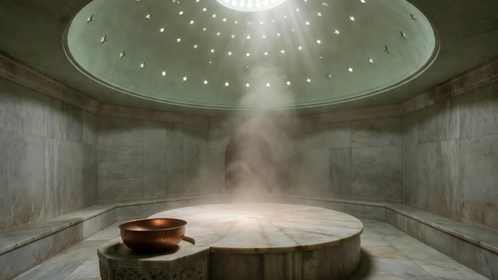 Baño turco de piedra con cúpula y claraboyas en forma de estrella
